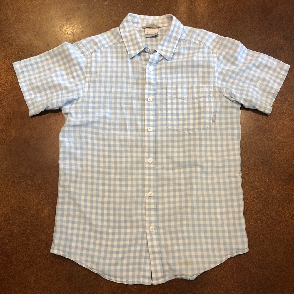 Columbia 100% Corton Light Blue Large-Check Gingham SS Shirt Sz S